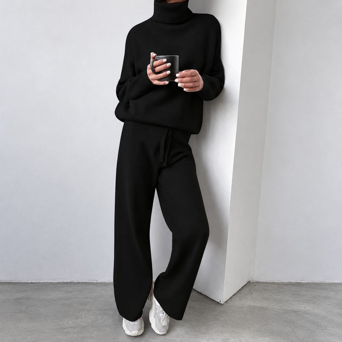 Casual Set for Women - Turtleneck Sweater and Wide-Leg Pants with Relaxed Fit