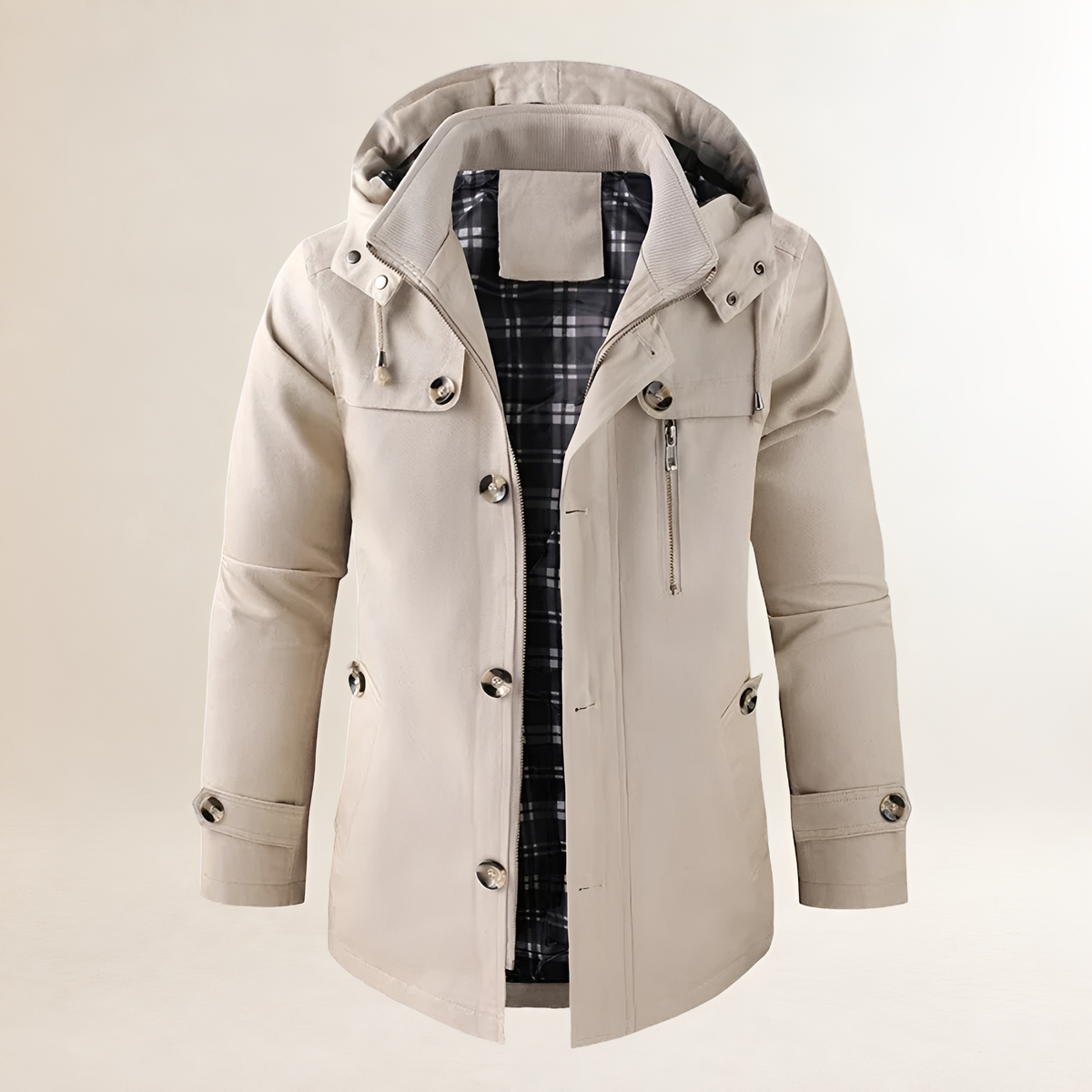 Coat for Men - Hooded, Button Closure, Multiple Pockets, Regular Fit
