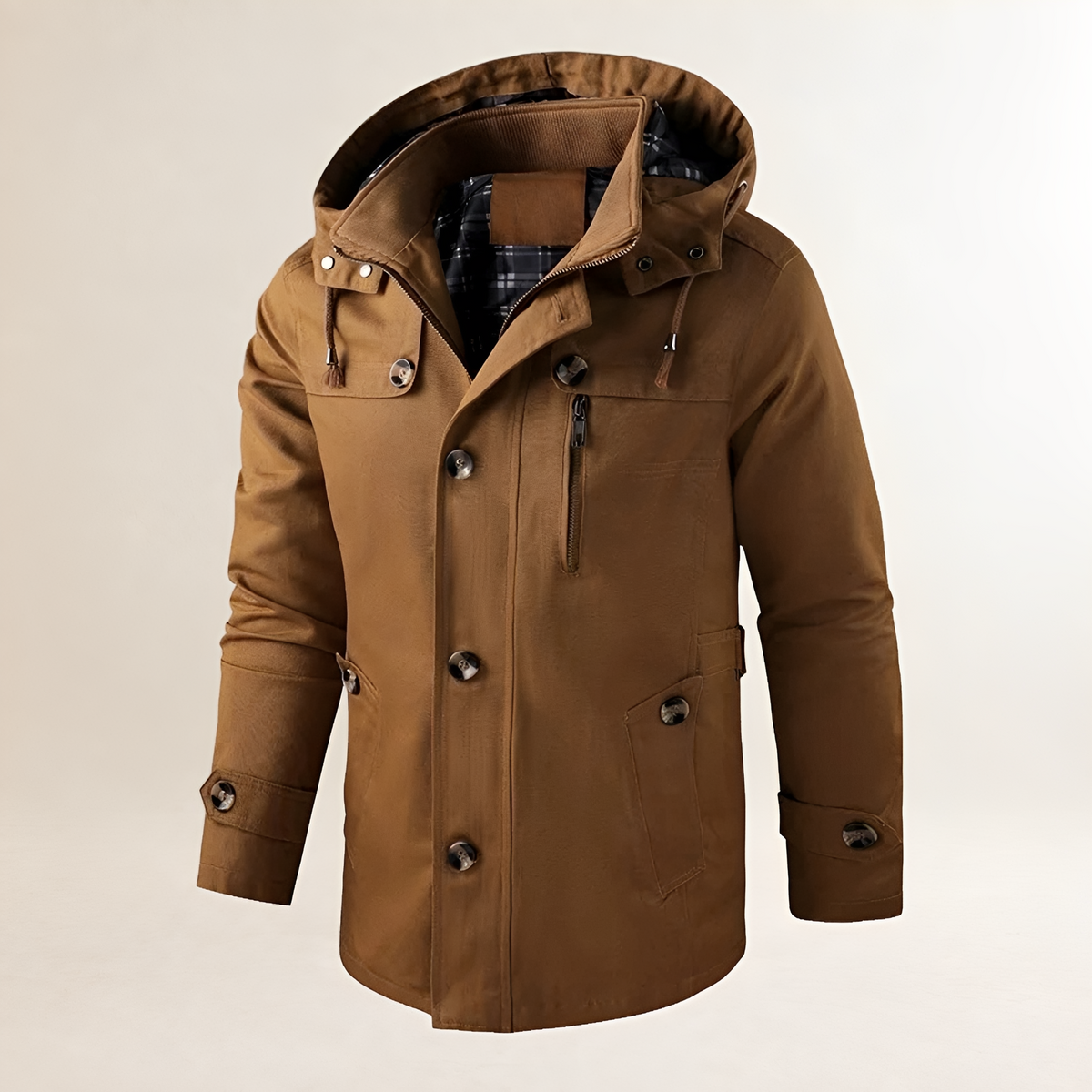Coat for Men - Hooded, Button Closure, Multiple Pockets, Regular Fit
