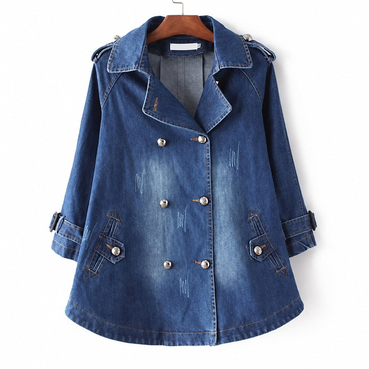 Double-Breasted Trench Coat for Women with Silver Button Accents and Epaulets - Relaxed Fit