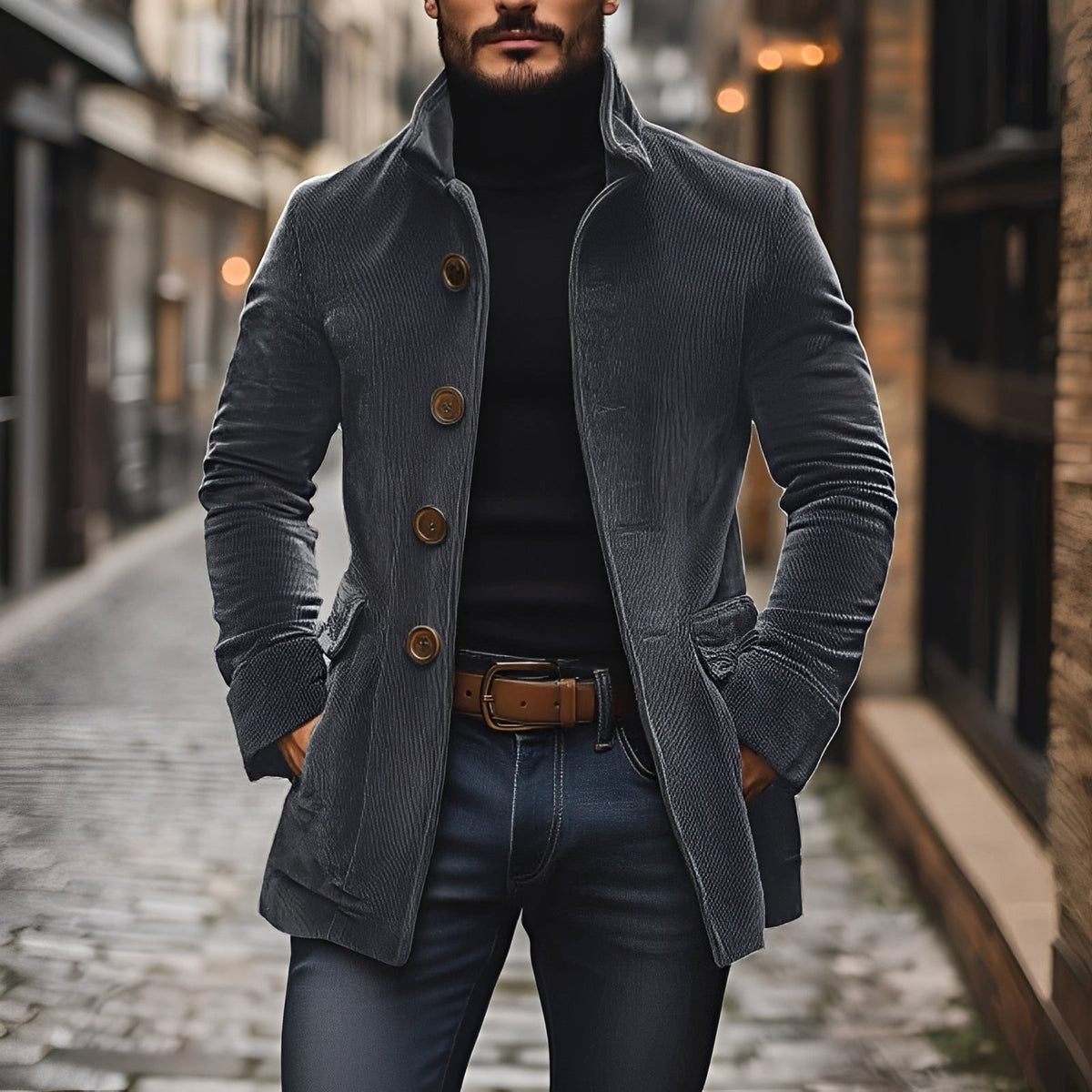 Fashion Jacket Peacoat Men Stand Collar with Button Closure - Slim Fit