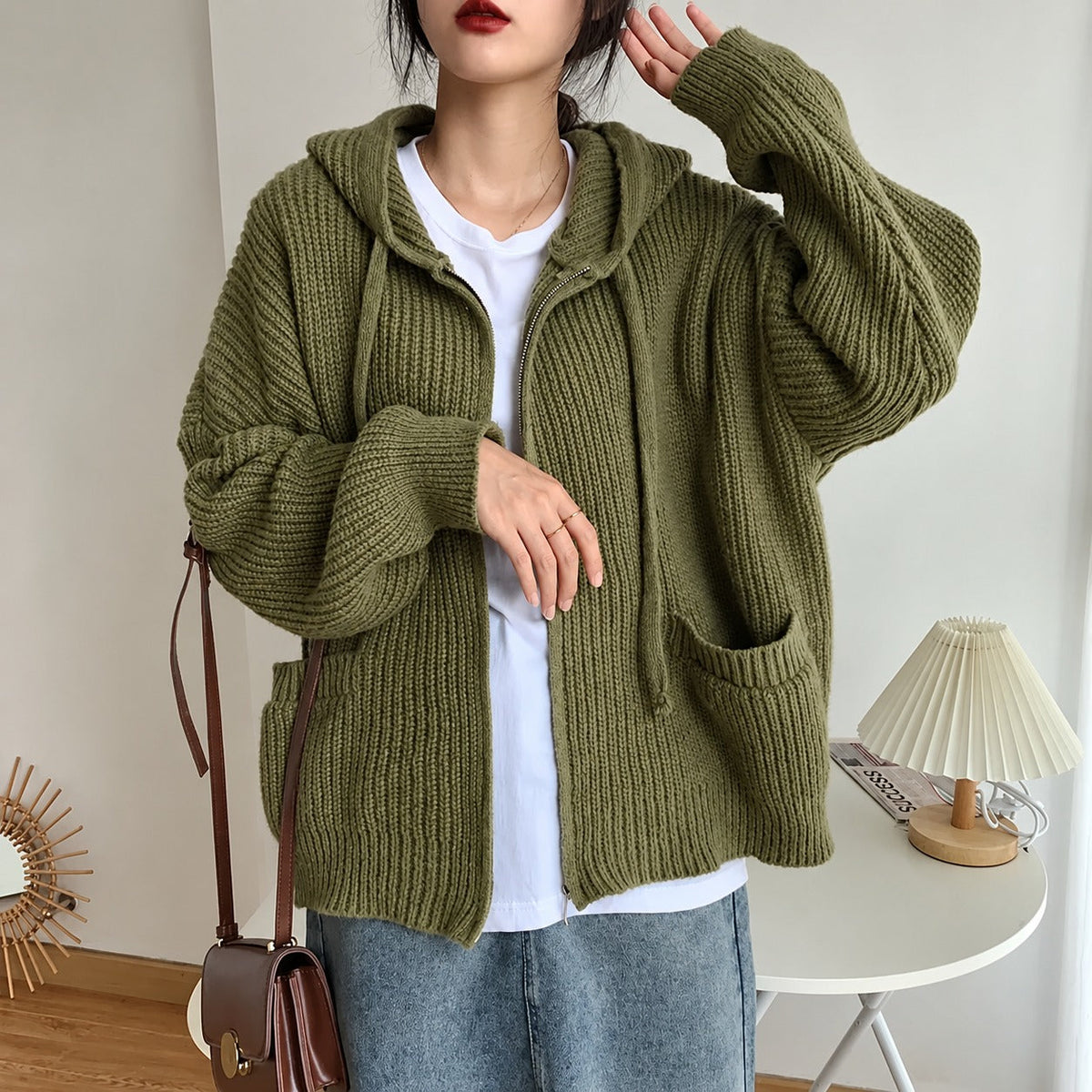 Hooded Cardigan for Women - Zip Closure with Pockets and Oversized Fit
