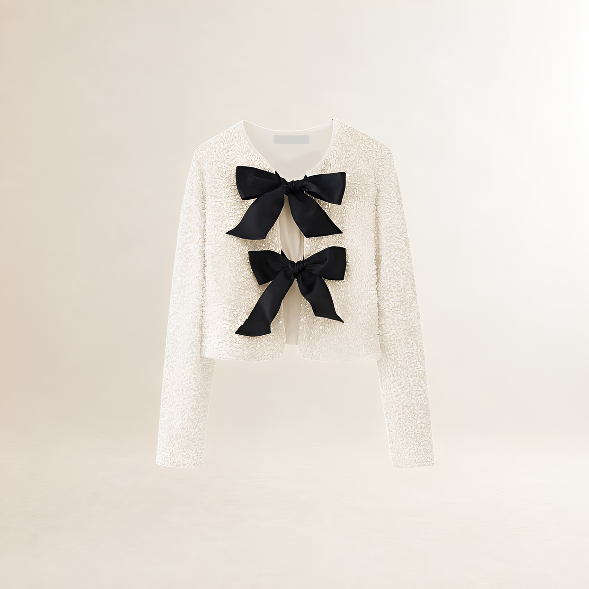 Jacket for Women - Sequined with Bowknot Detail, Long Sleeve, Crop Fit