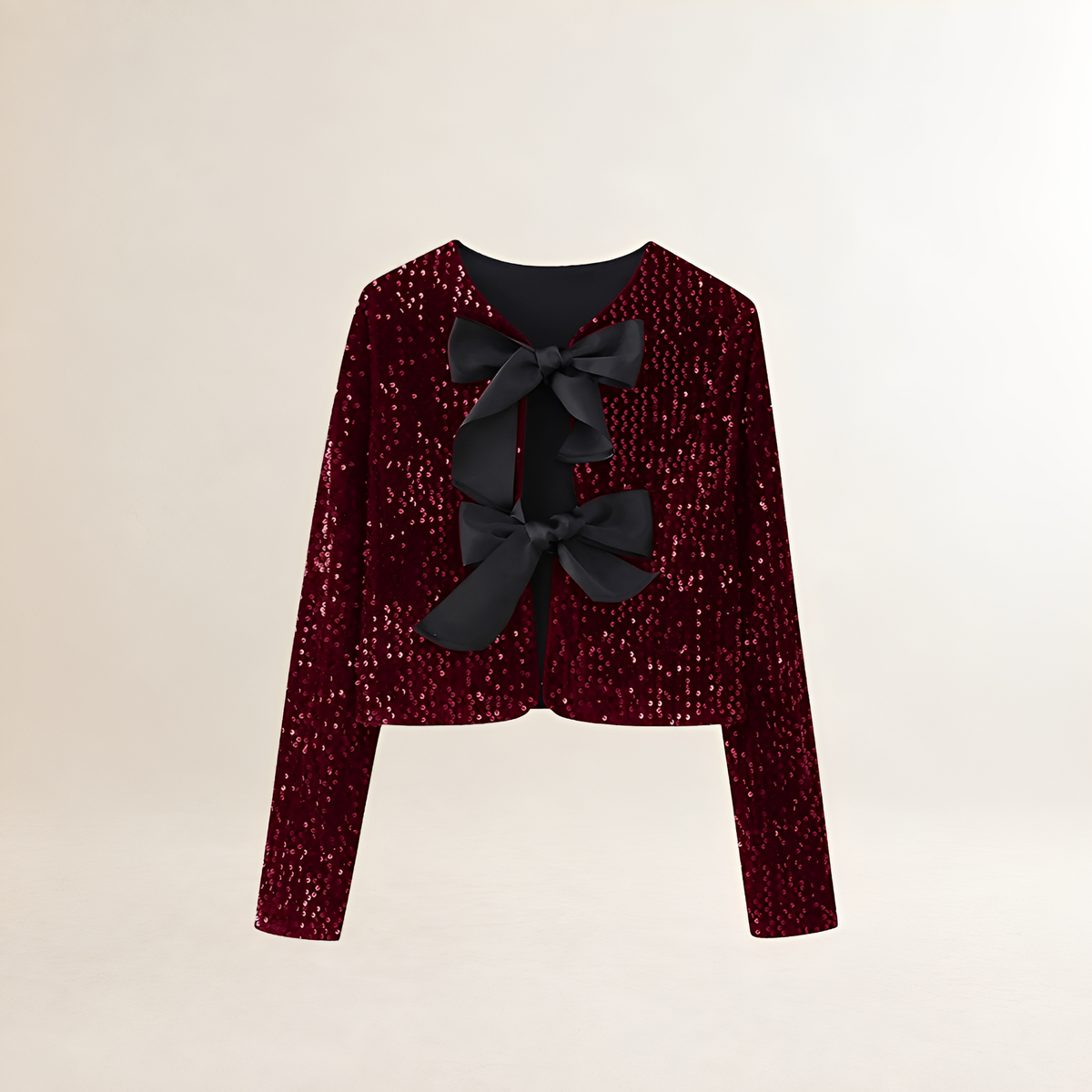 Jacket for Women - Sequined with Bowknot Detail, Long Sleeve, Crop Fit