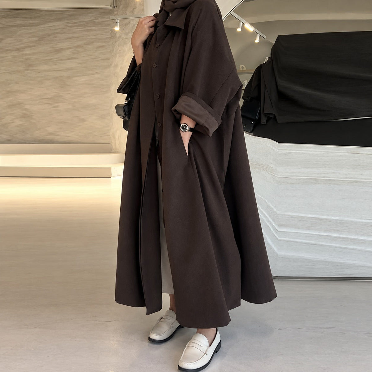 Long Coat Women Oversized Fit Button Closure Side Pockets