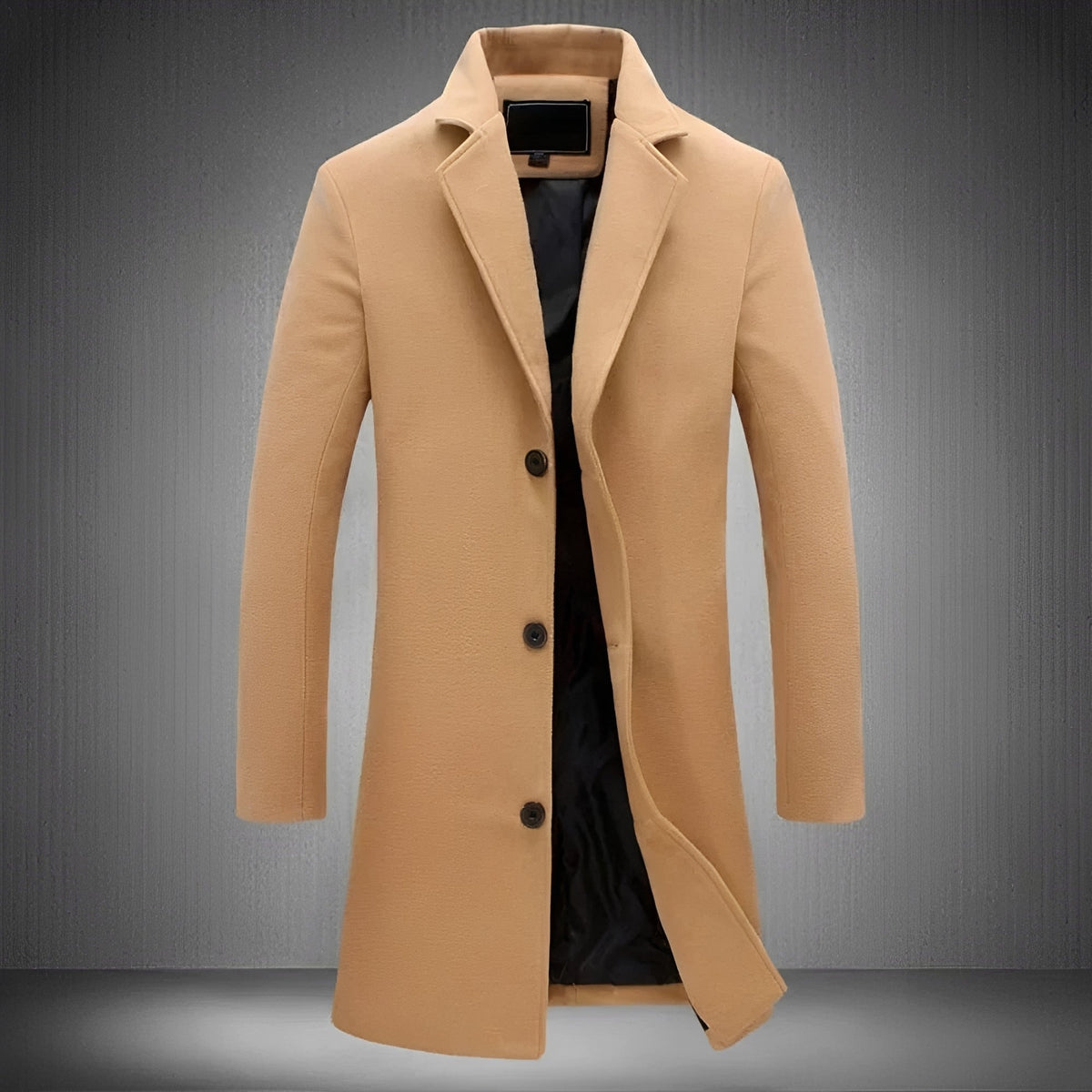 Long Men's Coat - Classic Lapel, Button Closure, Side Pockets, Regular Fit