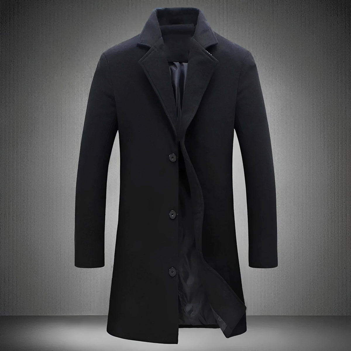 Long Men's Coat - Classic Lapel, Button Closure, Side Pockets, Regular Fit