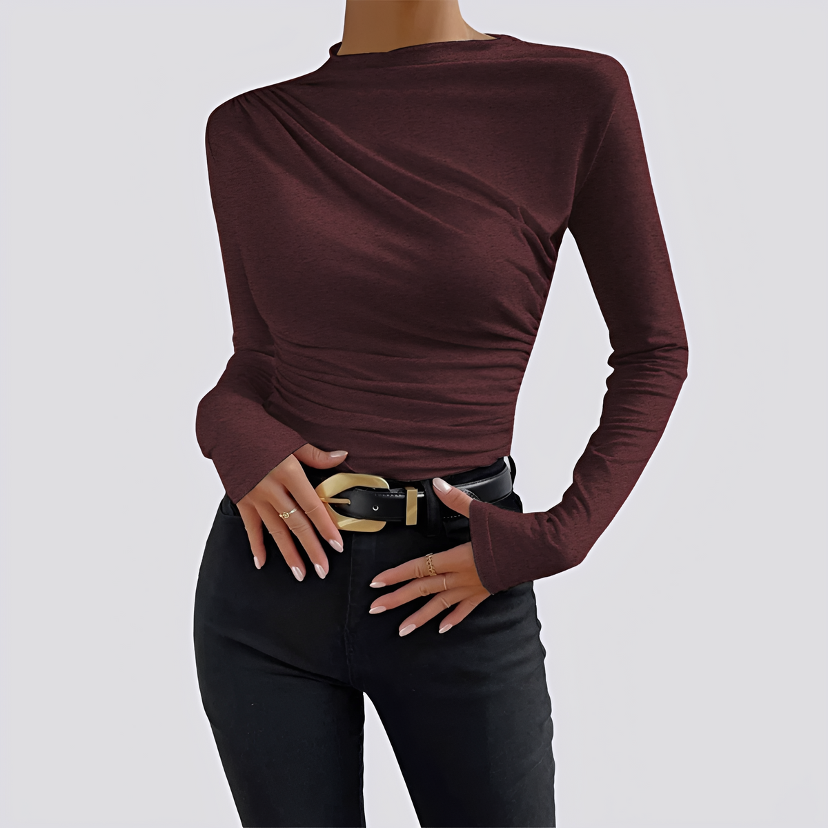 Long Sleeve Shirt for Women - Mock Neck, Ruched Design, Regular Fit