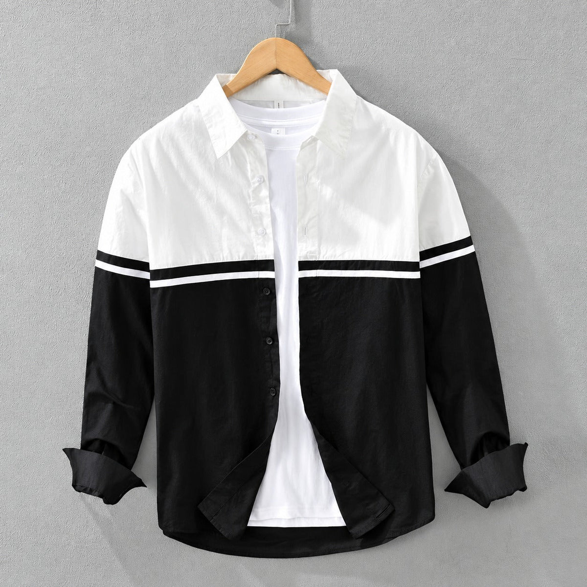 Long Sleeve Shirt Men Color Block Design Button-Up Regular Fit