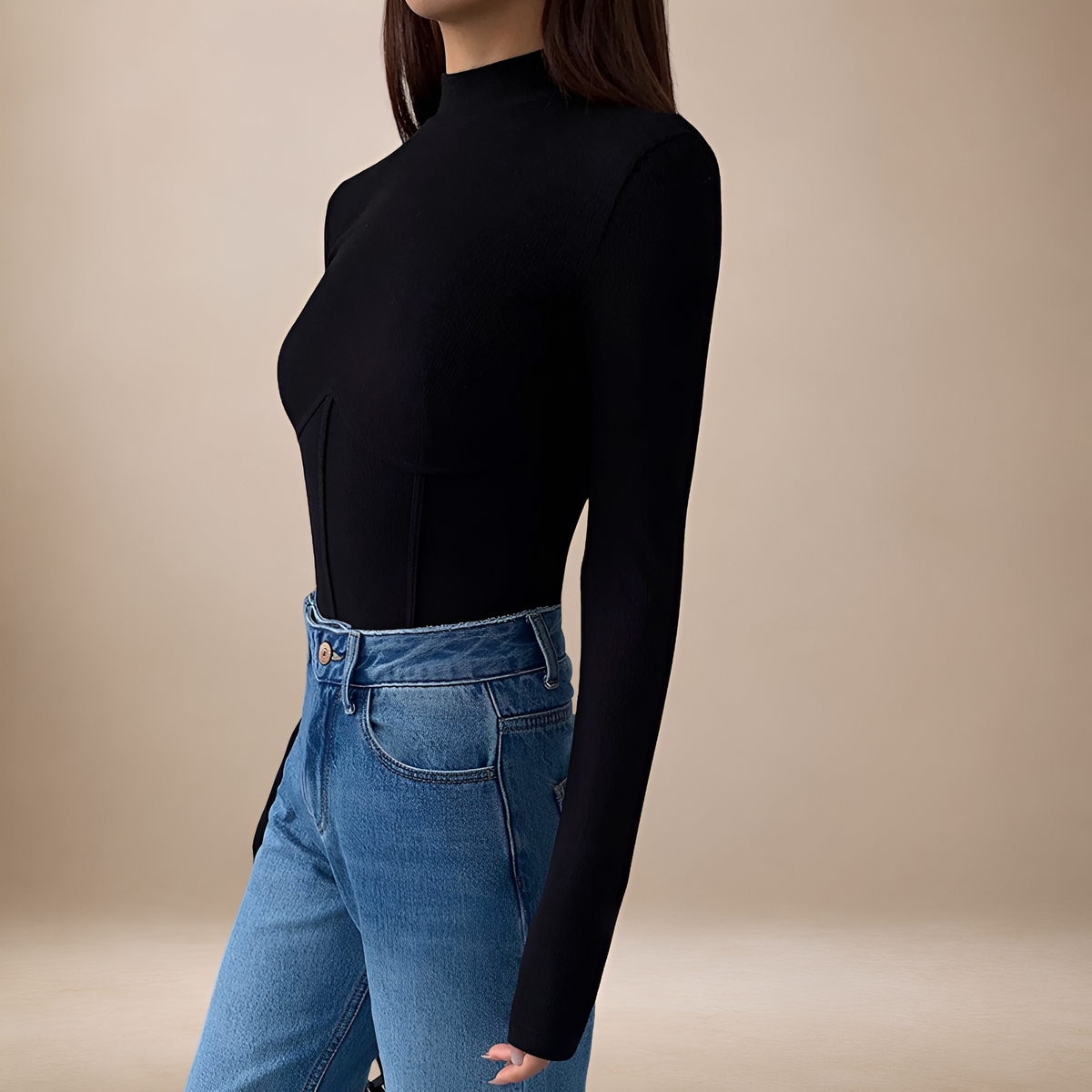 Long Sleeve T-Shirt for Women - Mock Neck, Corset Design, Slim Fit