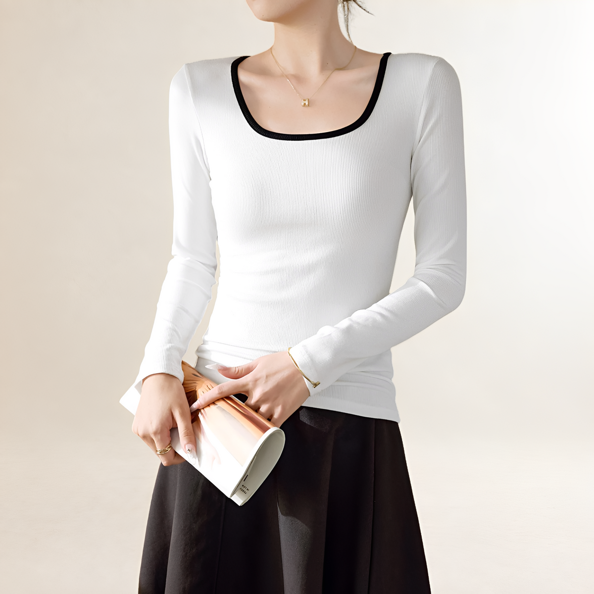 Long Sleeve T-Shirt Women Square Neck Contrast Trim Regular Fit
