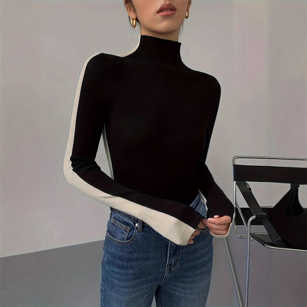 Long Sleeve Top for Women - Mock Neck, Color Block Design, Regular Fit