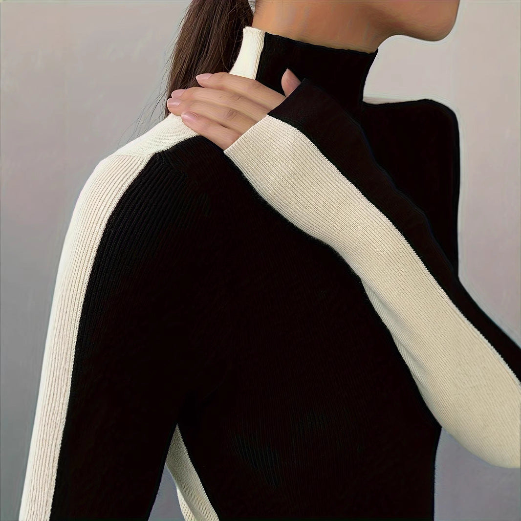 Long Sleeve Top for Women - Mock Neck, Color Block Design, Regular Fit
