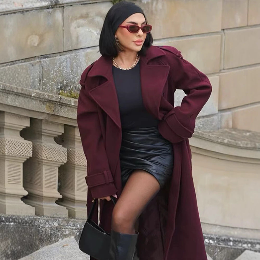 Long Women's Coat - Double-Breasted, Belted, Classic Lapel, Long Sleeves