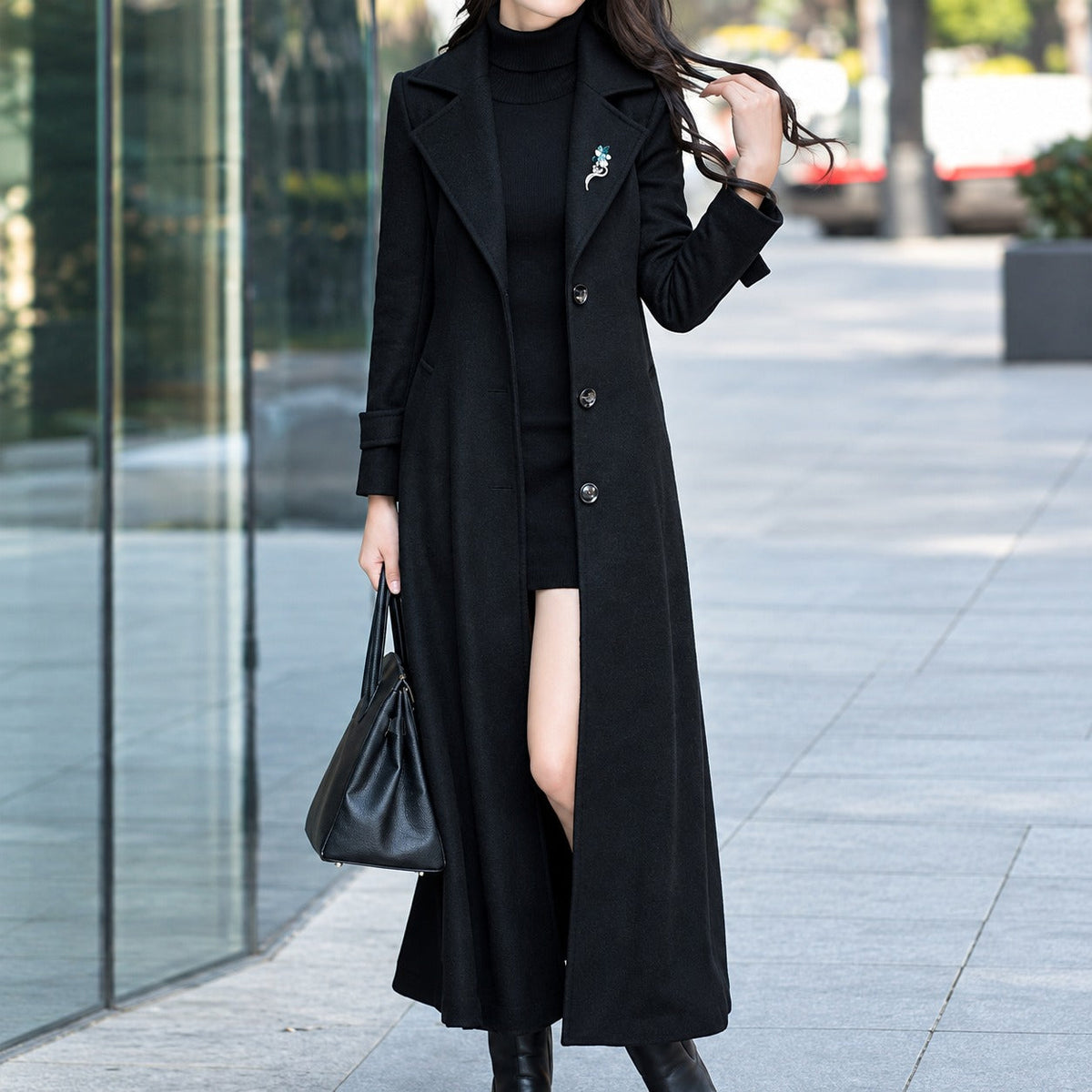 Long Women's Coat with Belt - Classic Lapel, Button Closure, Side Pockets