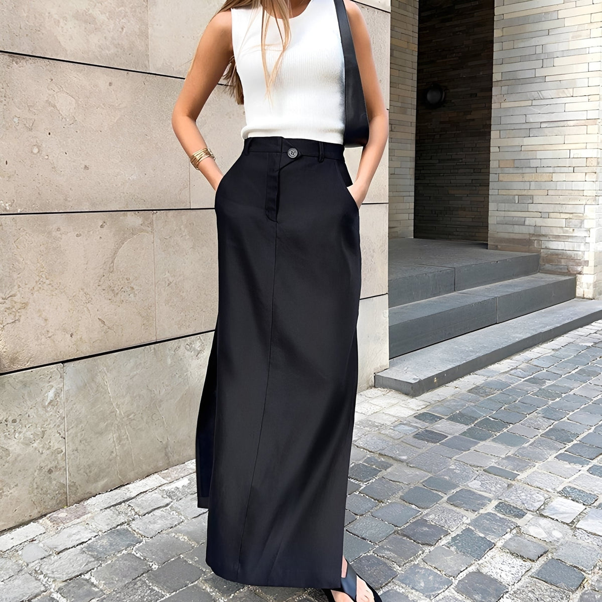 Maxi Skirt for Women High Waist Button Front with Pockets Regular Fit