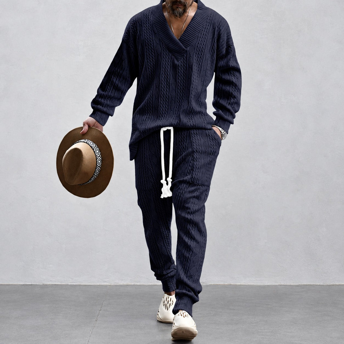 Men's Athleisure Set - V-Neck Long Sleeve Top with Drawstring Pants, Relaxed Fit