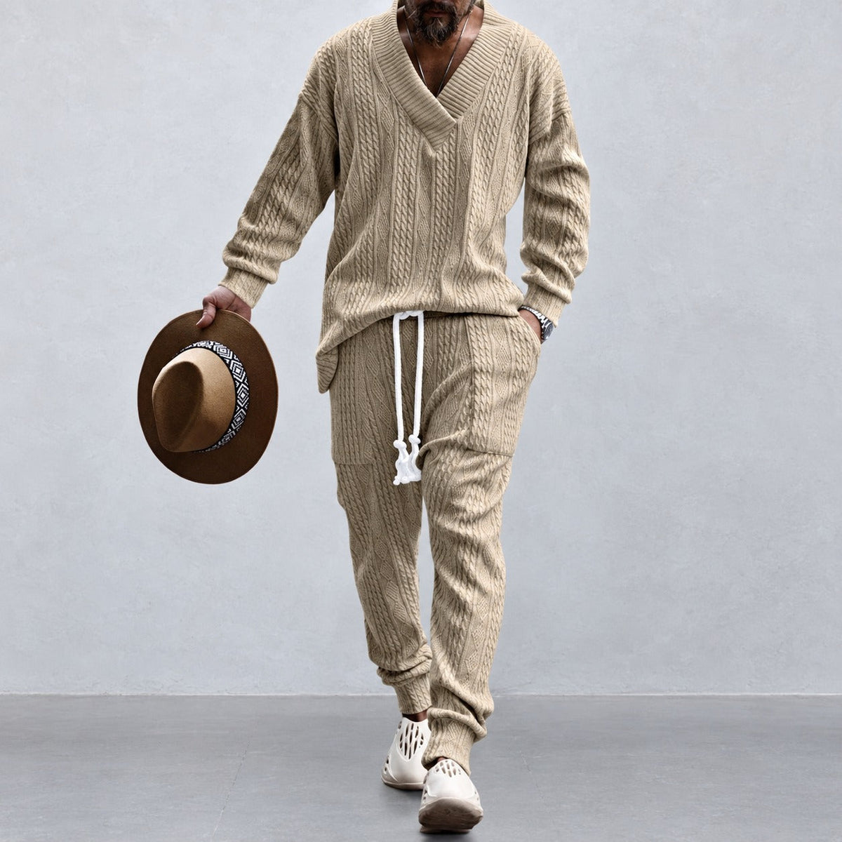 Men's Athleisure Set - V-Neck Long Sleeve Top with Drawstring Pants, Relaxed Fit