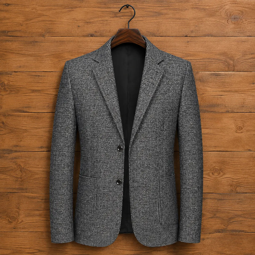 Men's Blazer Textured Check Pattern - Single-Breasted, Two Button Closure, Regular Fit