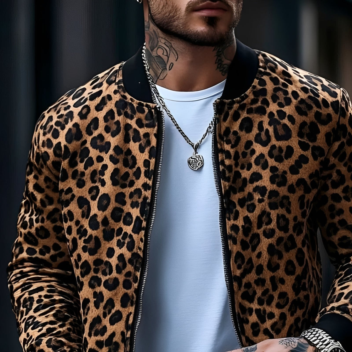 Men's Bomber Jacket Leopard Print Regular Fit Zip Closure