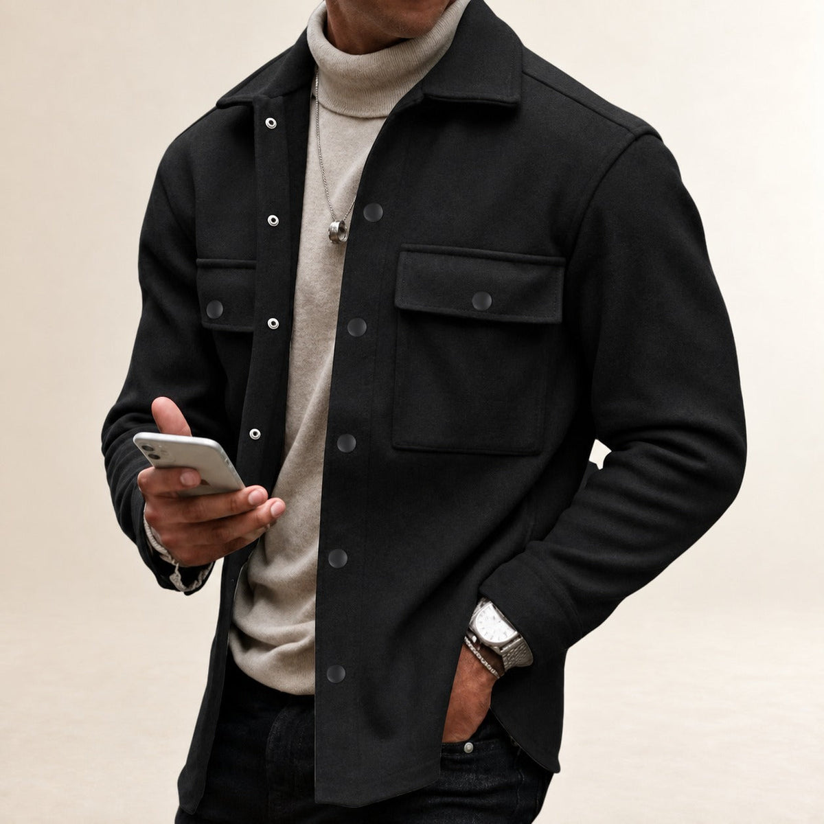 Men's Button-Up Jacket with Pockets - Casual Fit Long Sleeve Outerwear