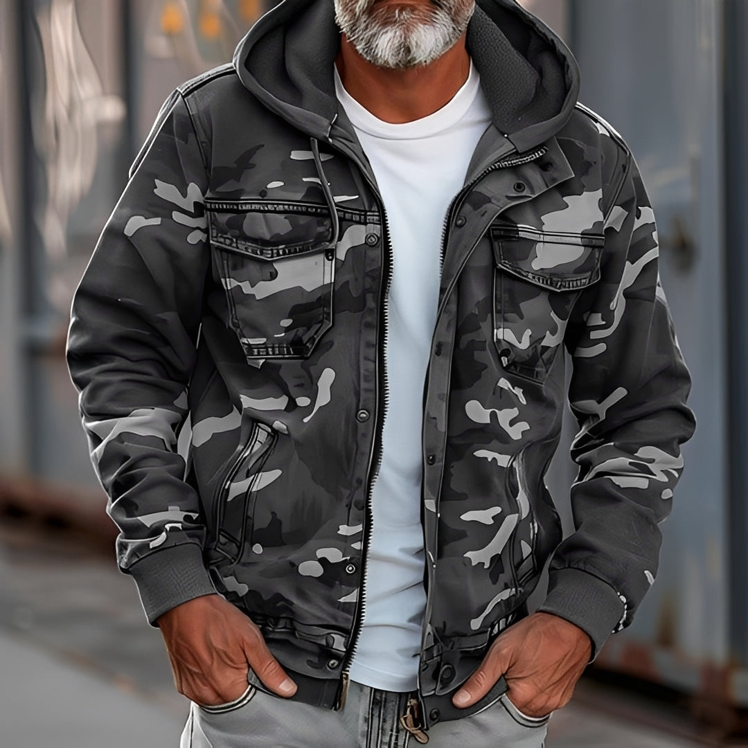 Men's Camouflage Jacket with Hood and Chest Pockets - Casual Fit
