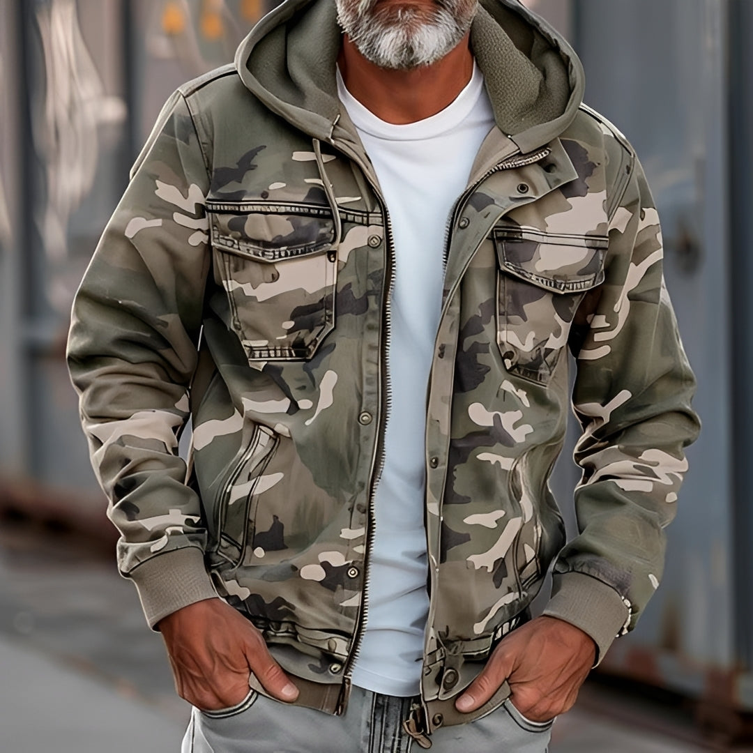 Men's Camouflage Jacket with Hood and Chest Pockets - Casual Fit