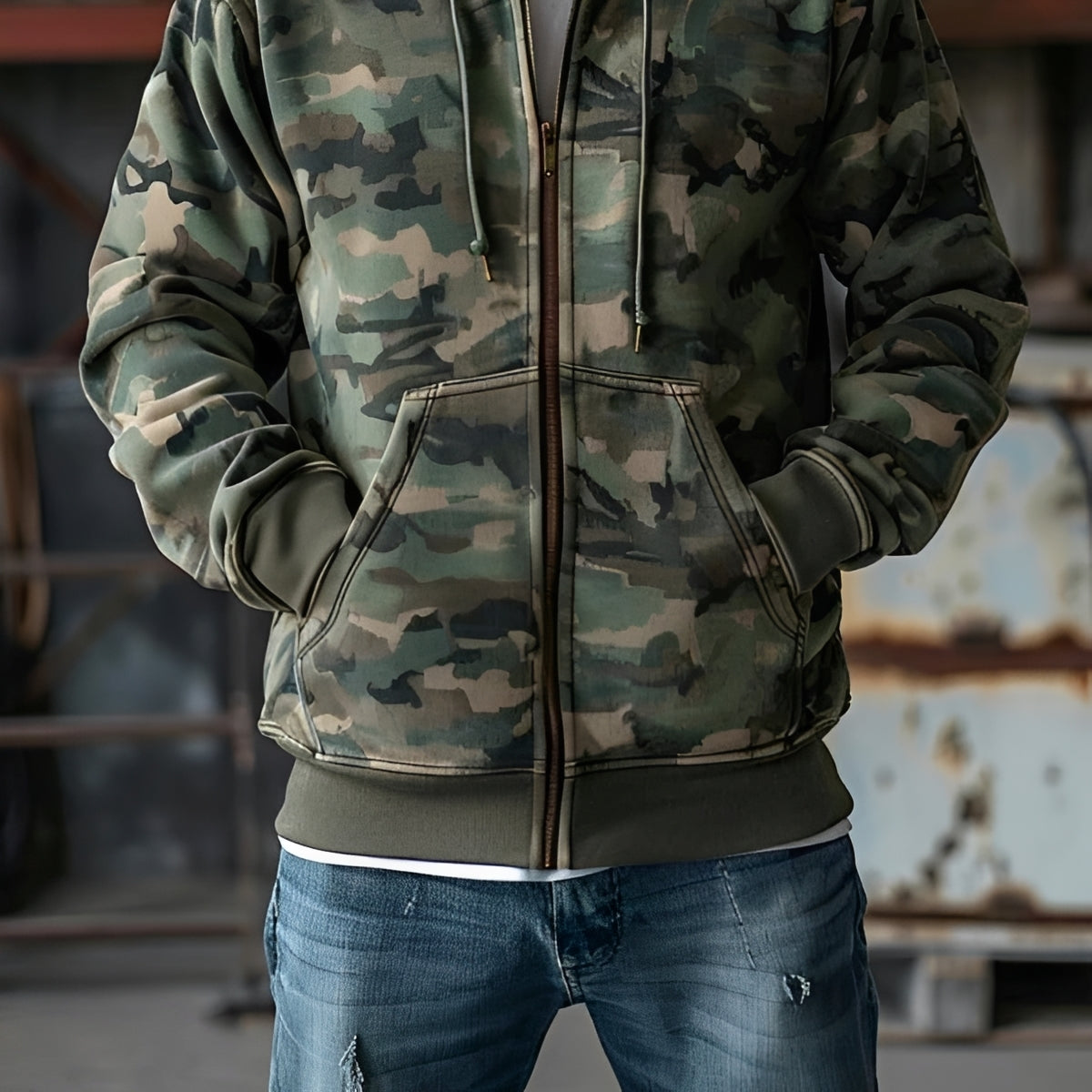 Men's Camouflage Print Hooded Sweatshirt Jacket - Relaxed Fit with Full-Zip Closure