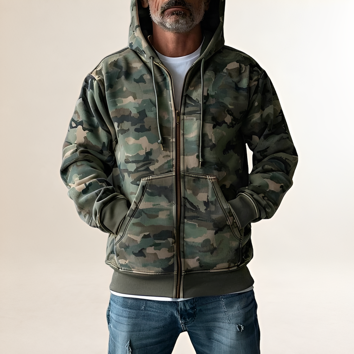 Men's Camouflage Print Hooded Sweatshirt Jacket - Relaxed Fit with Full-Zip Closure