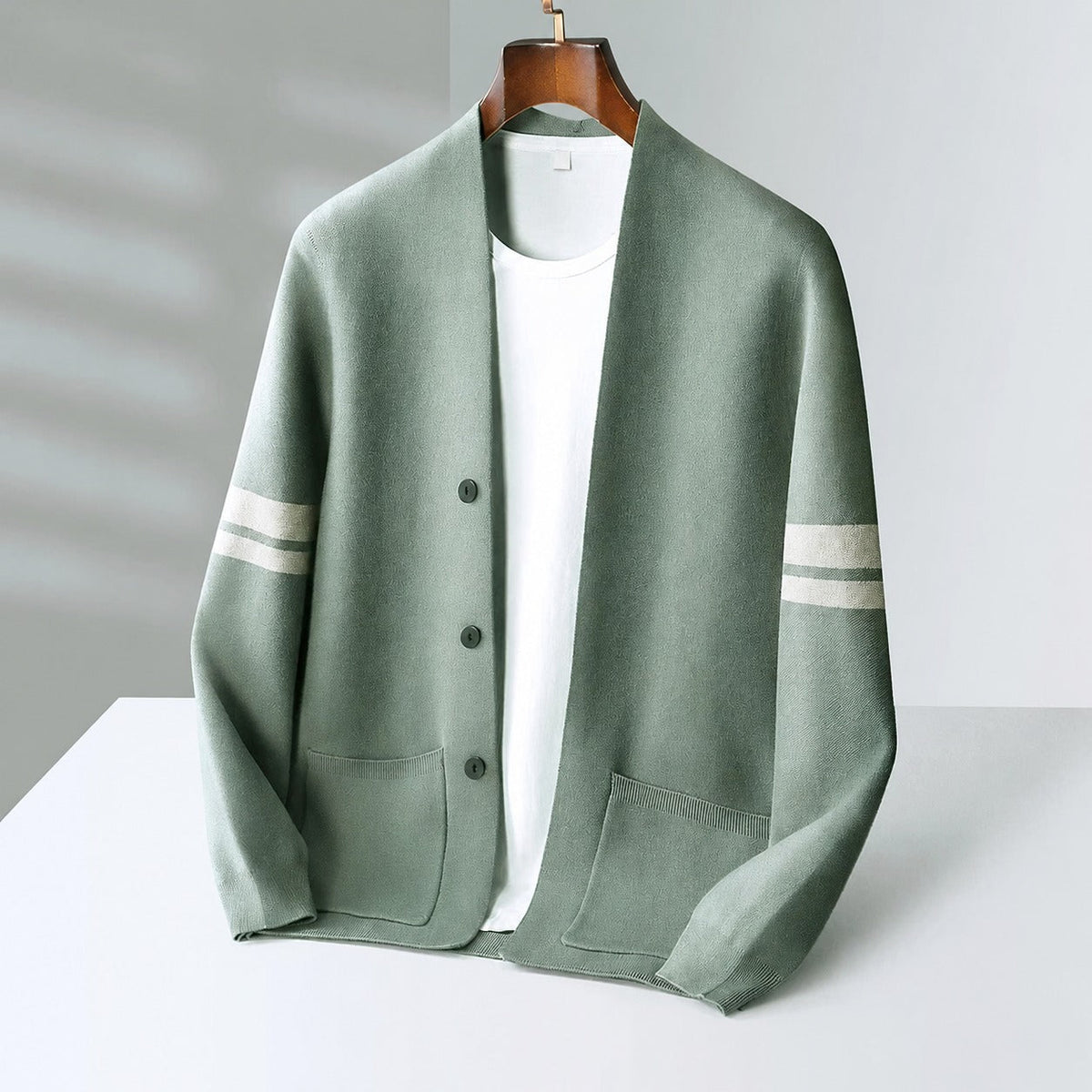 Men's Cardigan - Button Closure, Contrast Stripes, Relaxed Fit