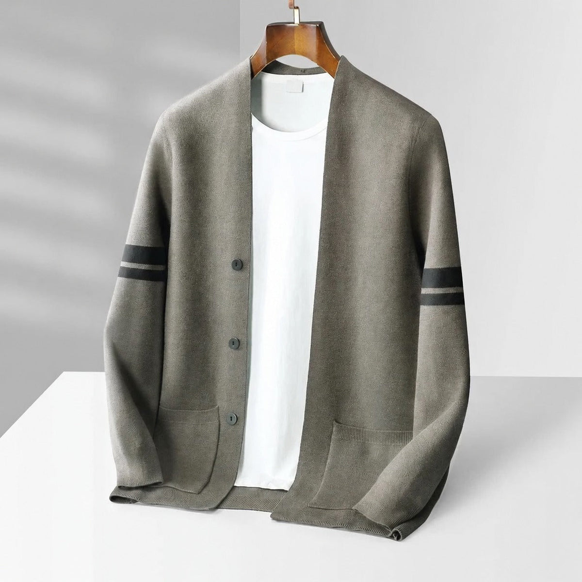 Men's Cardigan - Button Closure, Contrast Stripes, Relaxed Fit
