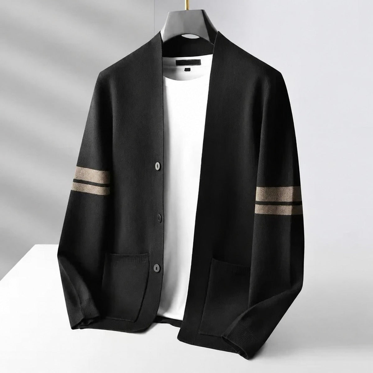 Men's Cardigan - Button Closure, Contrast Stripes, Relaxed Fit