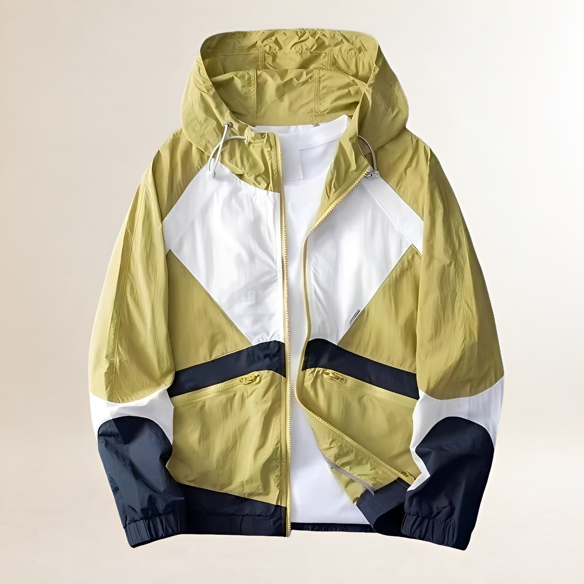 Men's Colorblock Rain Jacket with Adjustable Hood and Zip Pockets - Regular Fit