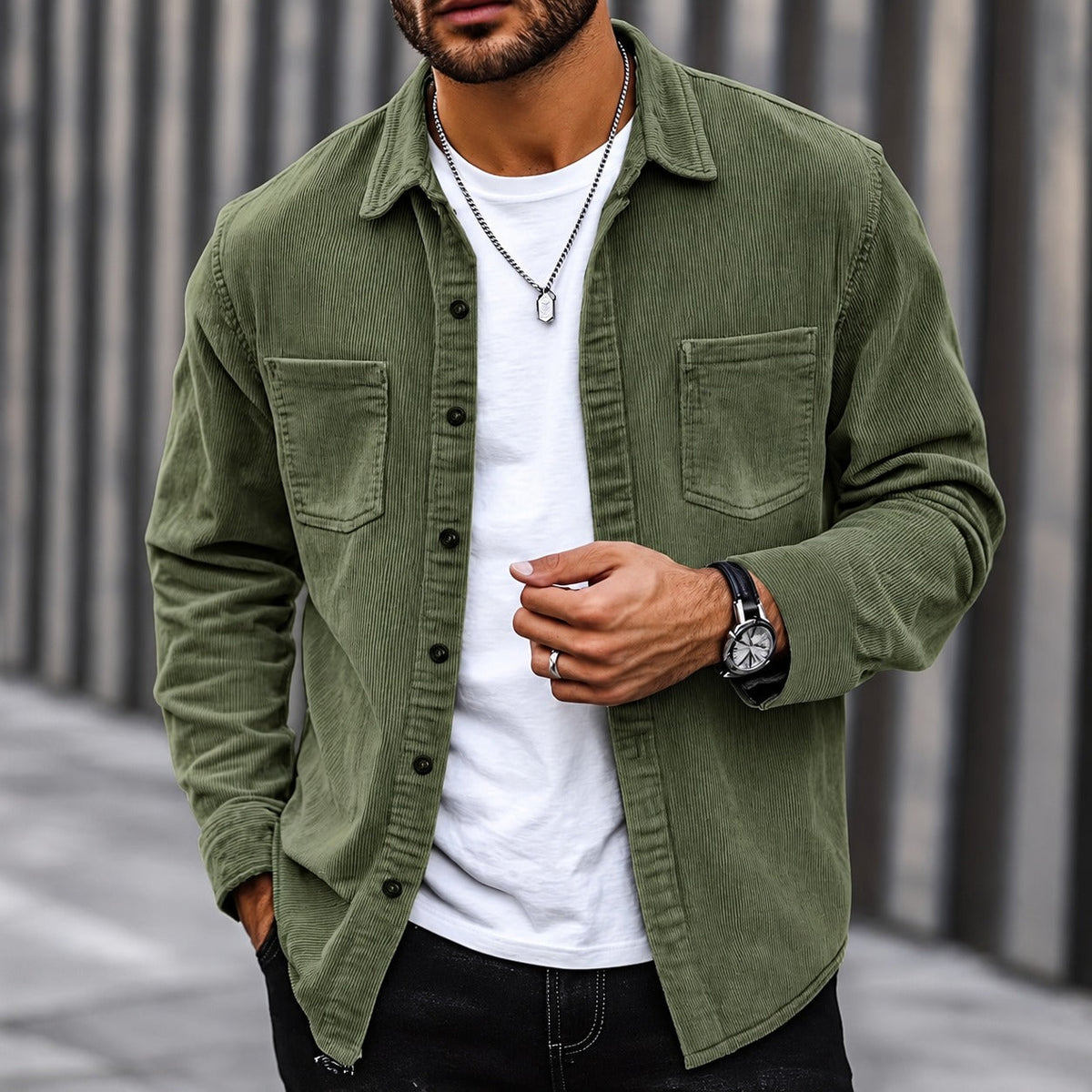 Men's Cord Jacket - Button Closure, Classic Collar, Two Chest Pockets