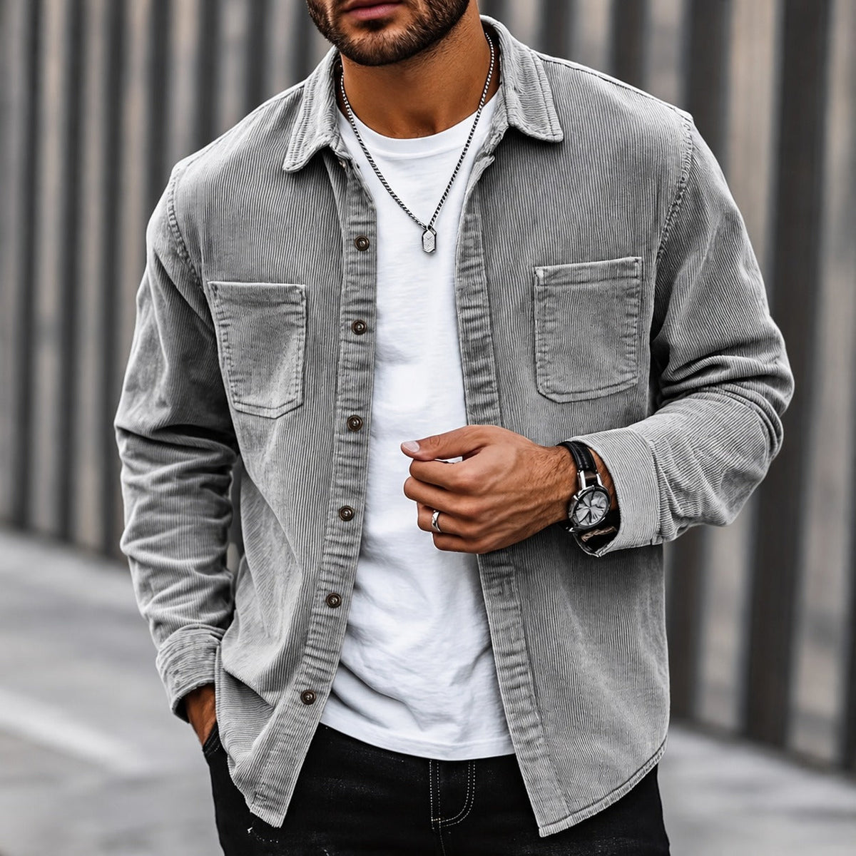 Men's Cord Jacket - Button Closure, Classic Collar, Two Chest Pockets