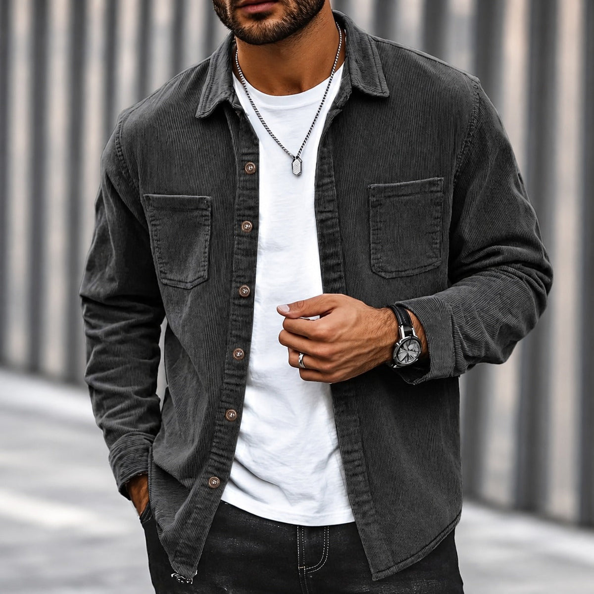 Men's Cord Jacket - Button Closure, Classic Collar, Two Chest Pockets