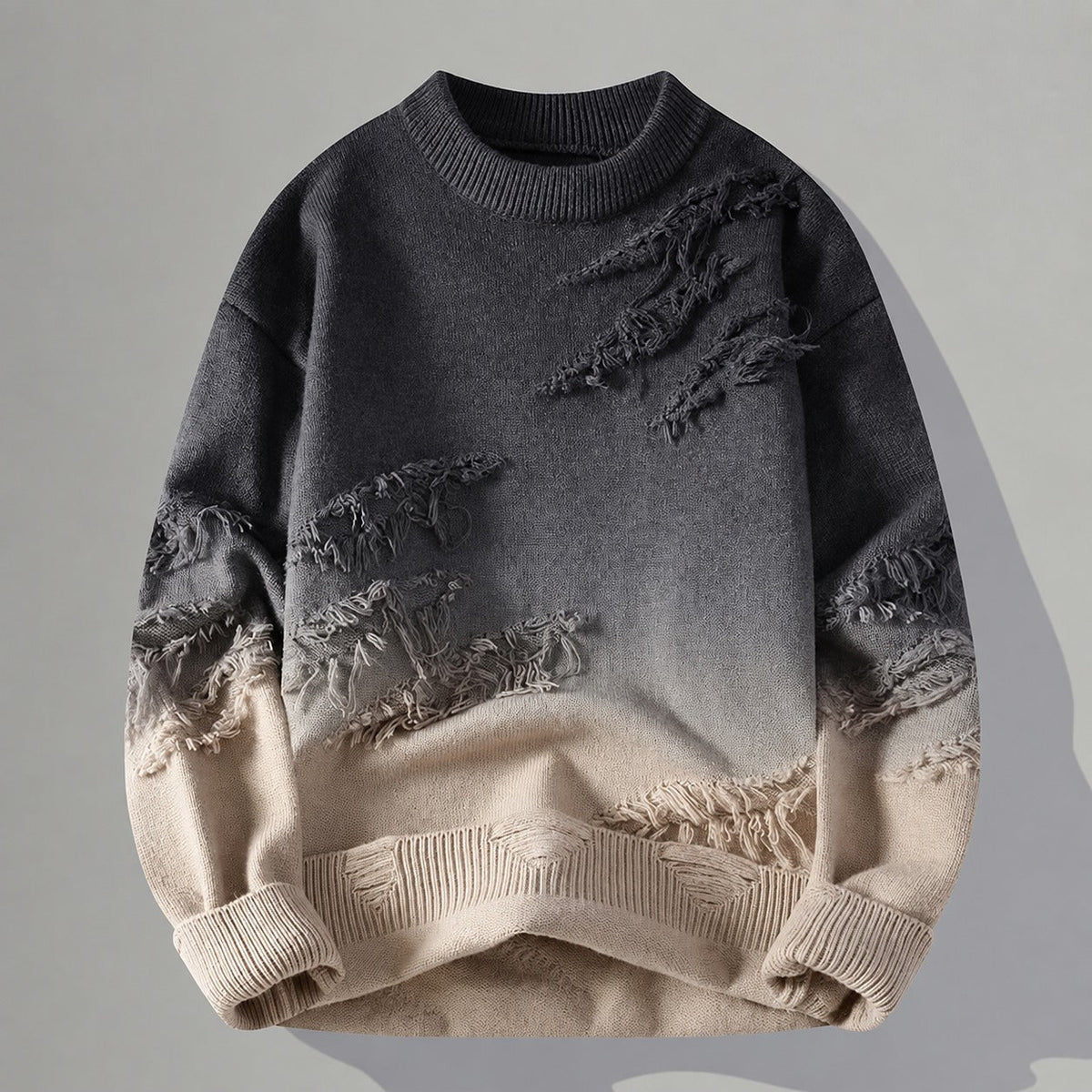 Men's Distressed Pullover - Tonal Gradient with Frayed Detailing