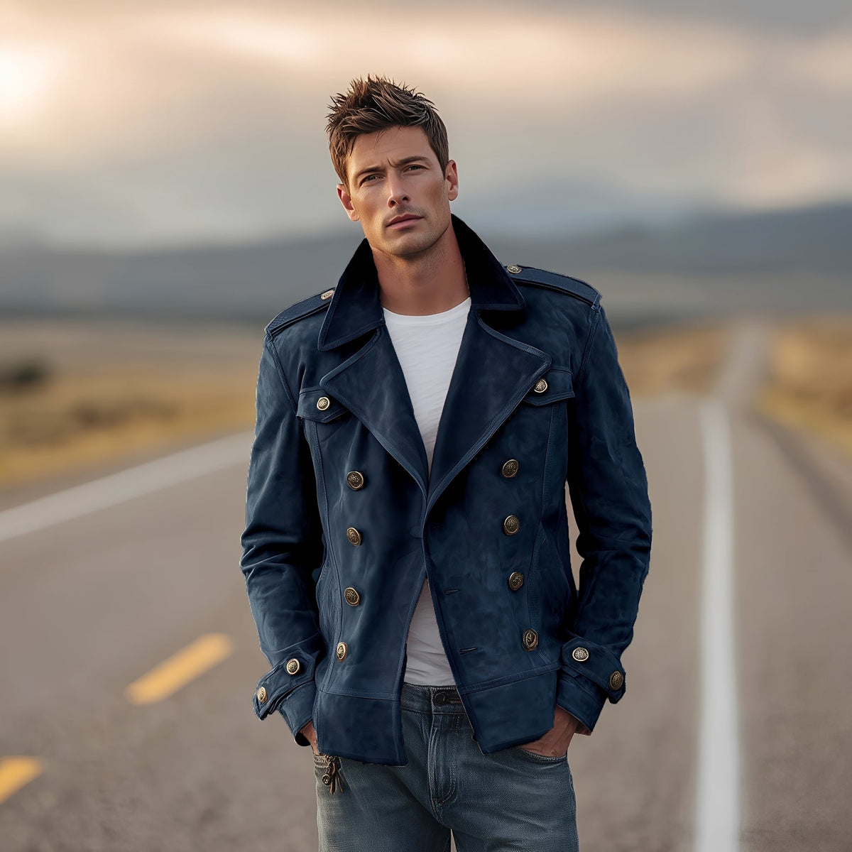 Men's Double-Breasted Peacoat Jacket with Epaulettes - Classic Fit