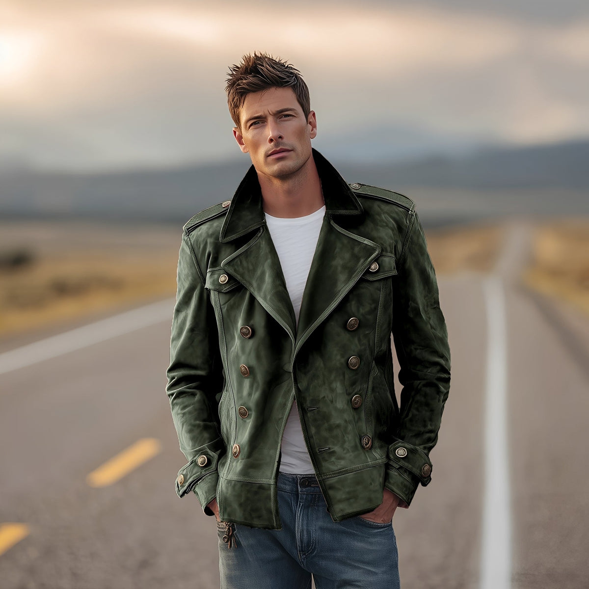 Men's Double-Breasted Peacoat Jacket with Epaulettes - Classic Fit