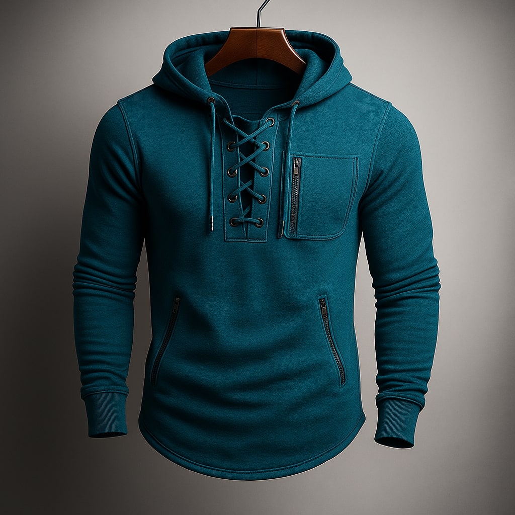 Men's Hooded Sweatshirt with Lace-Up Front and Zip Pockets - Regular Fit