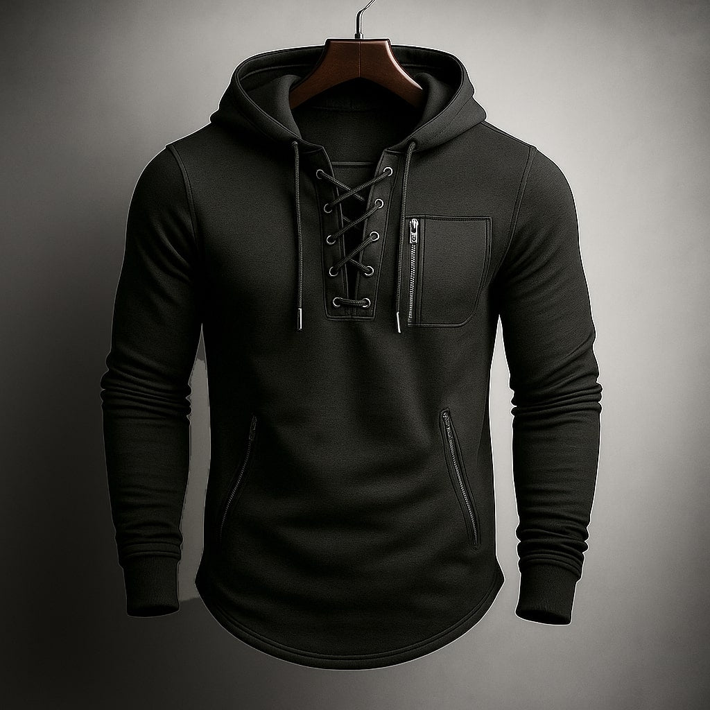Men's Hooded Sweatshirt with Lace-Up Front and Zip Pockets - Regular Fit