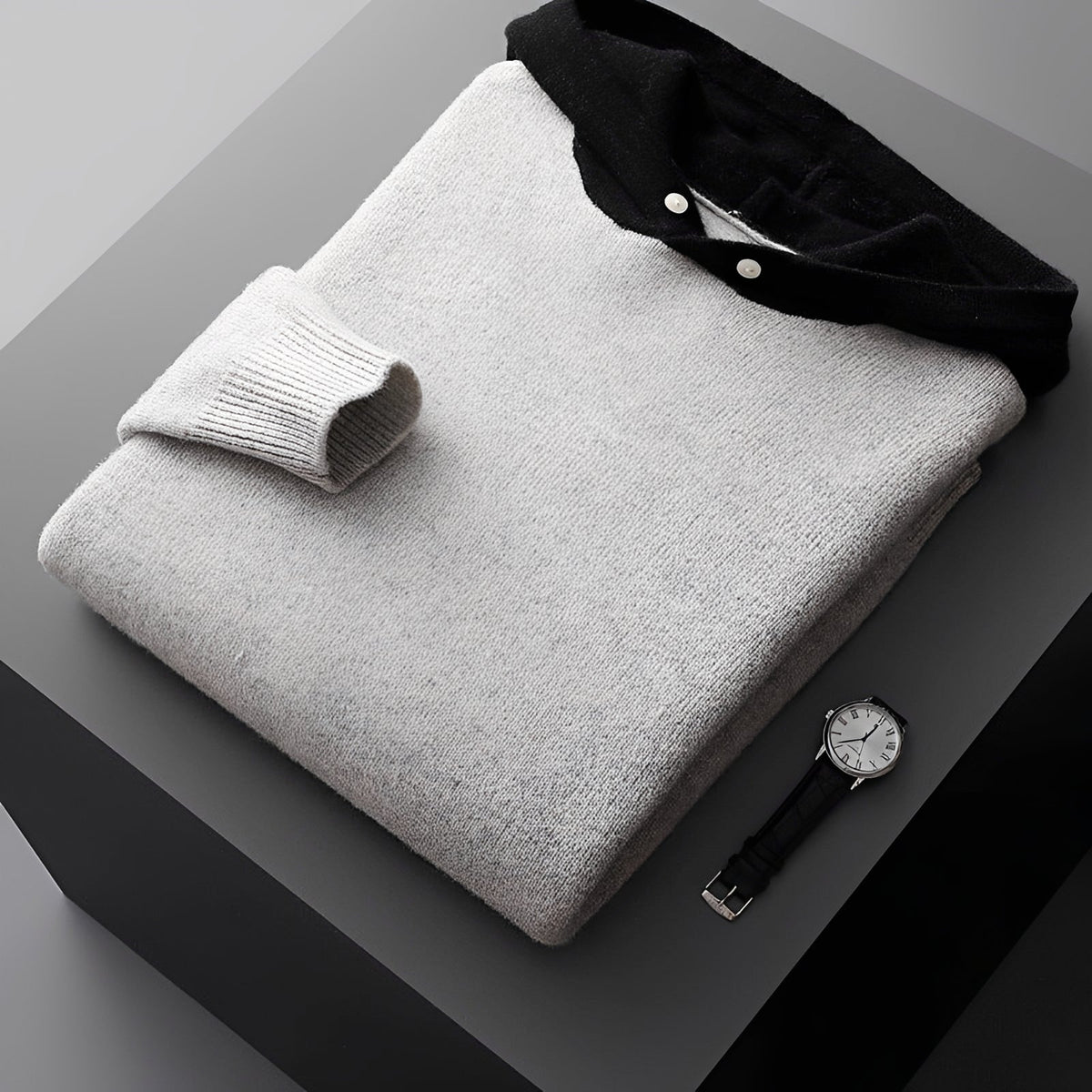 Men's Hoodie Sweater with Button Closure and Contrast Collar - Regular Fit