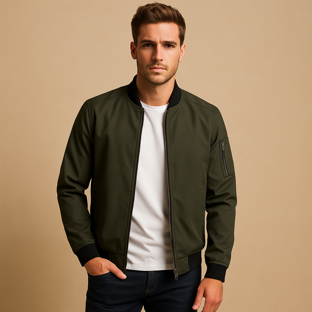 Men's Jacket Bomber Style - Zip Closure, Ribbed Cuffs, Inside Pocket