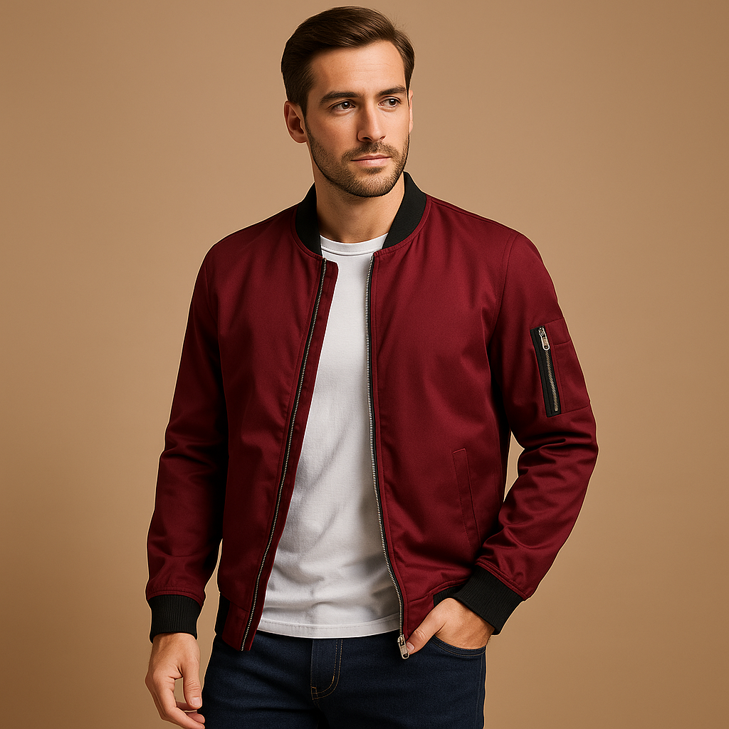 Men's Jacket Bomber Style - Zip Closure, Ribbed Cuffs, Inside Pocket