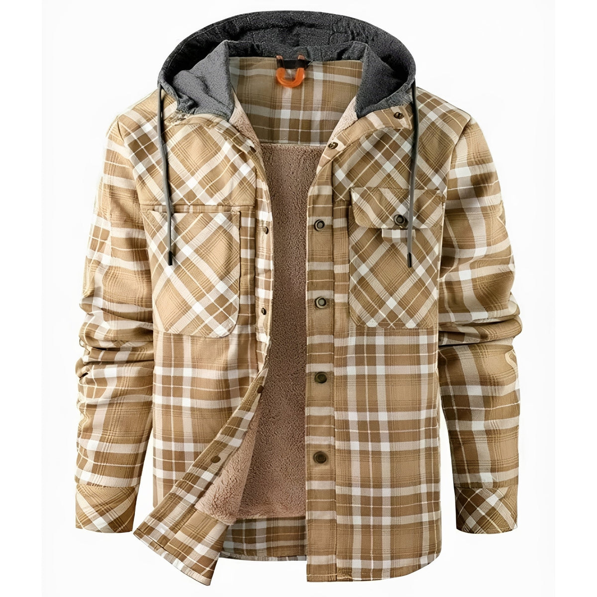Men's Jacket with Hood and Button Closure - Plaid Design, Regular Fit