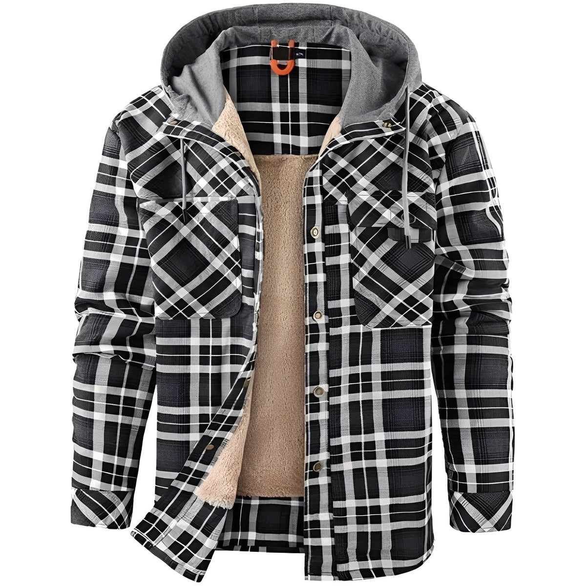 Men's Jacket with Hood and Button Closure - Plaid Design, Regular Fit