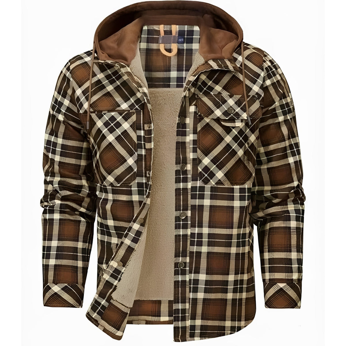 Men's Jacket with Hood and Button Closure - Plaid Design, Regular Fit