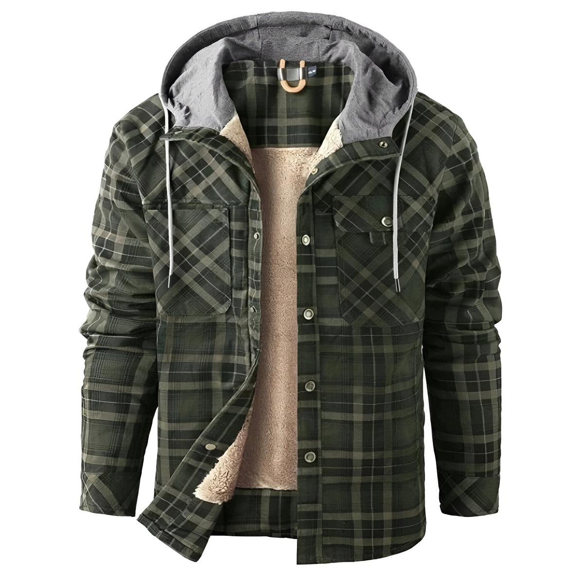 Men's Jacket with Hood and Button Closure - Plaid Design, Regular Fit