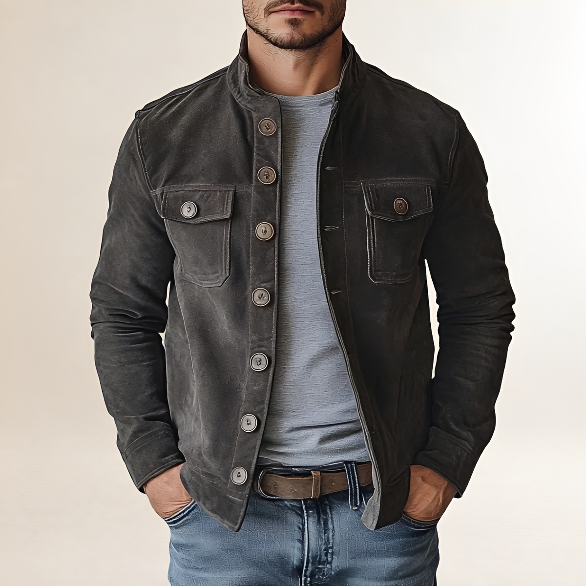 Men's Jacket with Stand Collar and Button Closure - Classic Fit
