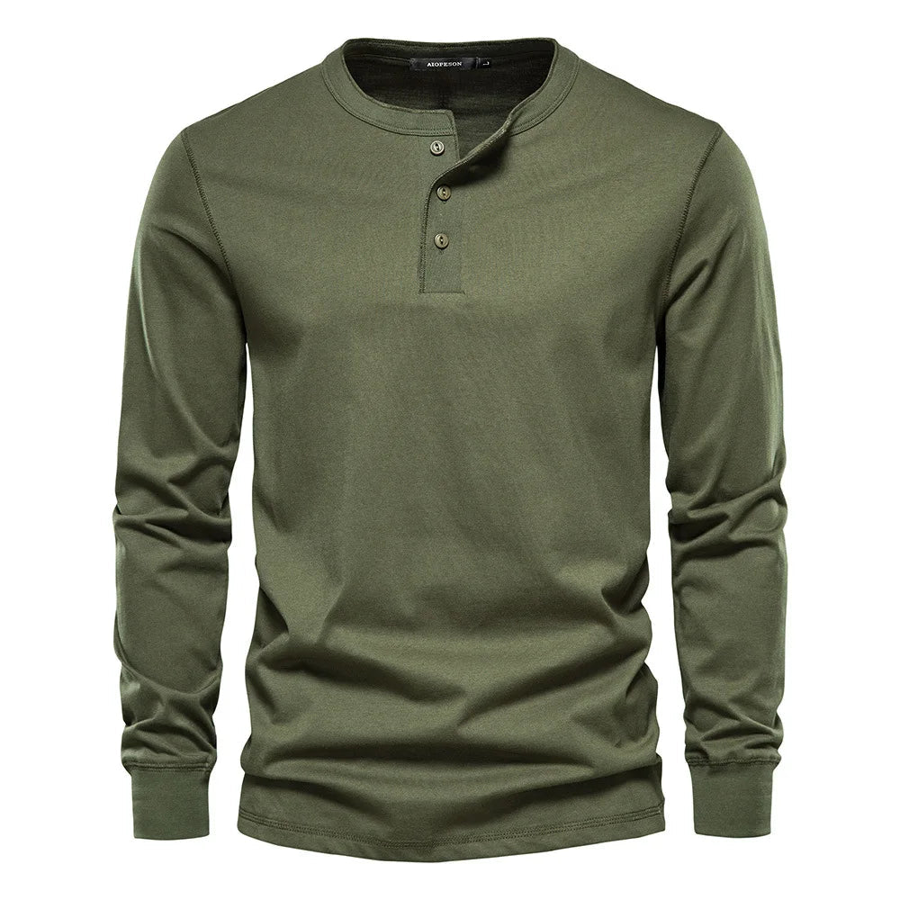 Men's Long Sleeve Henley T-Shirt - Button Neck, Regular Fit